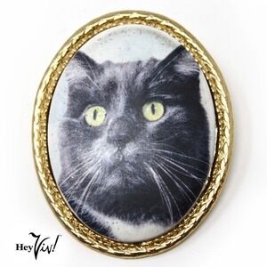 Vintage 1980s New Old Store Stock Black Cat Full Face Cameo Pin Brooch -Hey Viv